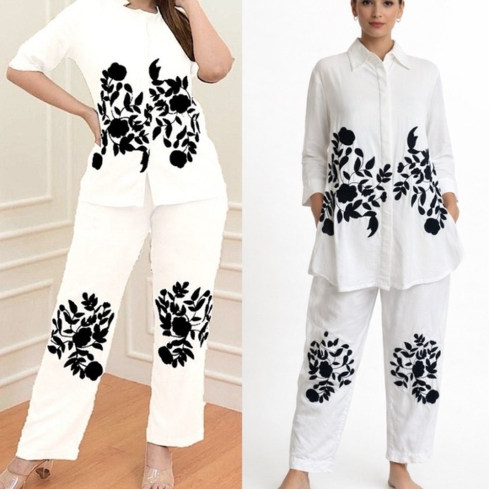 2 PC. Coordinate Set Matching Embroidered Pants & Shirt White Black Floral S/M